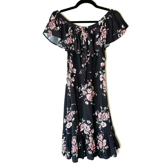 Jill Stuart Black & Pink Floral Off Shoulder Ruffled Knee Length Dress Size 2 - Picture 4 of 10